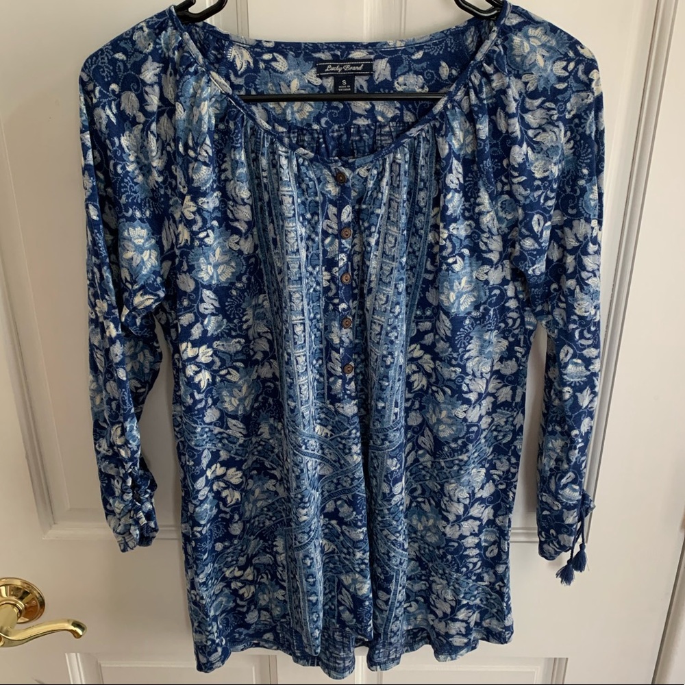 Lucky Brand 3/4 Sleeve Blue Floral Top Size Small